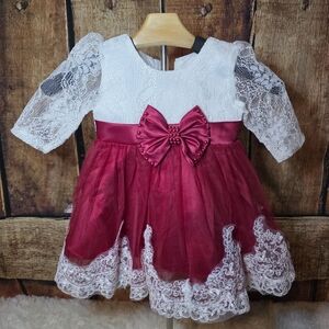 Source Unknown White and Burgundy Lace Formal Dress